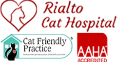 Logos for Rialto Cat Hospital, Cat Friendly Practice, and AAHA Accredited. The Rialto Cat Hospital logo features a cat silhouette inside a heart, highlighting compassionate vet care for your cat. The Cat Friendly Practice logo shows a cat beside a house shape.