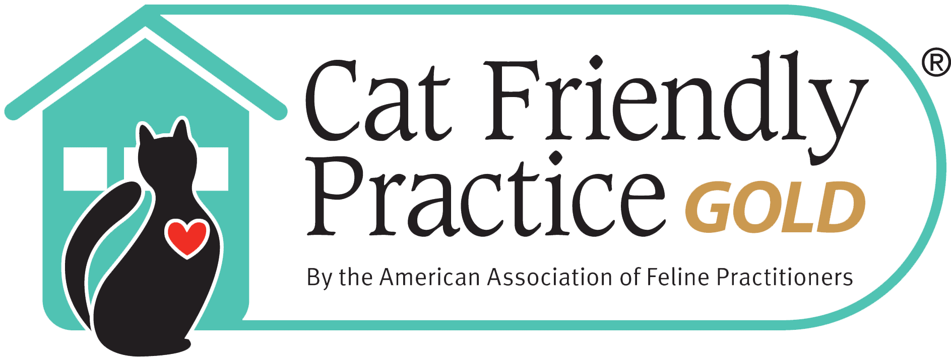 Logo with a teal house, a black cat with a red heart, and the text: "Cat Friendly Practice GOLD By the American Association of Feline Practitioners" on a white background.