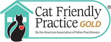 Logo featuring a silhouette of a black cat with a red heart sitting in front of a house shape, next to the text "Cat Friendly Practice Gold" by the American Association of Feline Practitioners—ideal for any cat-loving vet or veterinarian clinic.